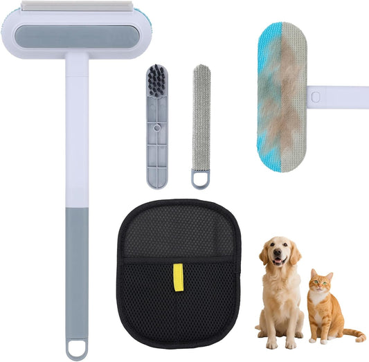 Pet Hair Remover, 4 in 1 Multifunctional Pet Remover Mitt Tool Reusable Long Handle Dog Hair Grooming Brush Magic Cat Fur Removal Glove Scraper Suitable for Couch Carpet Furniture