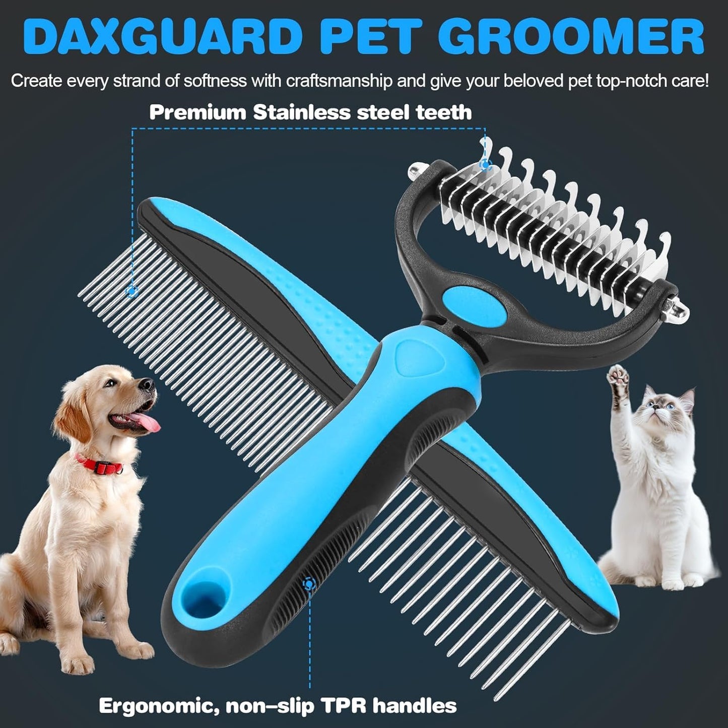 Pet Grooming Brush and Metal Comb Combo, Cat Brush Dog Brush for Shedding, Undercoat Rake for Dogs Grooming, Dematting Deshedding Brush Dogs Shedding Tool for Long matted Haired Pets, Gray (Gray)