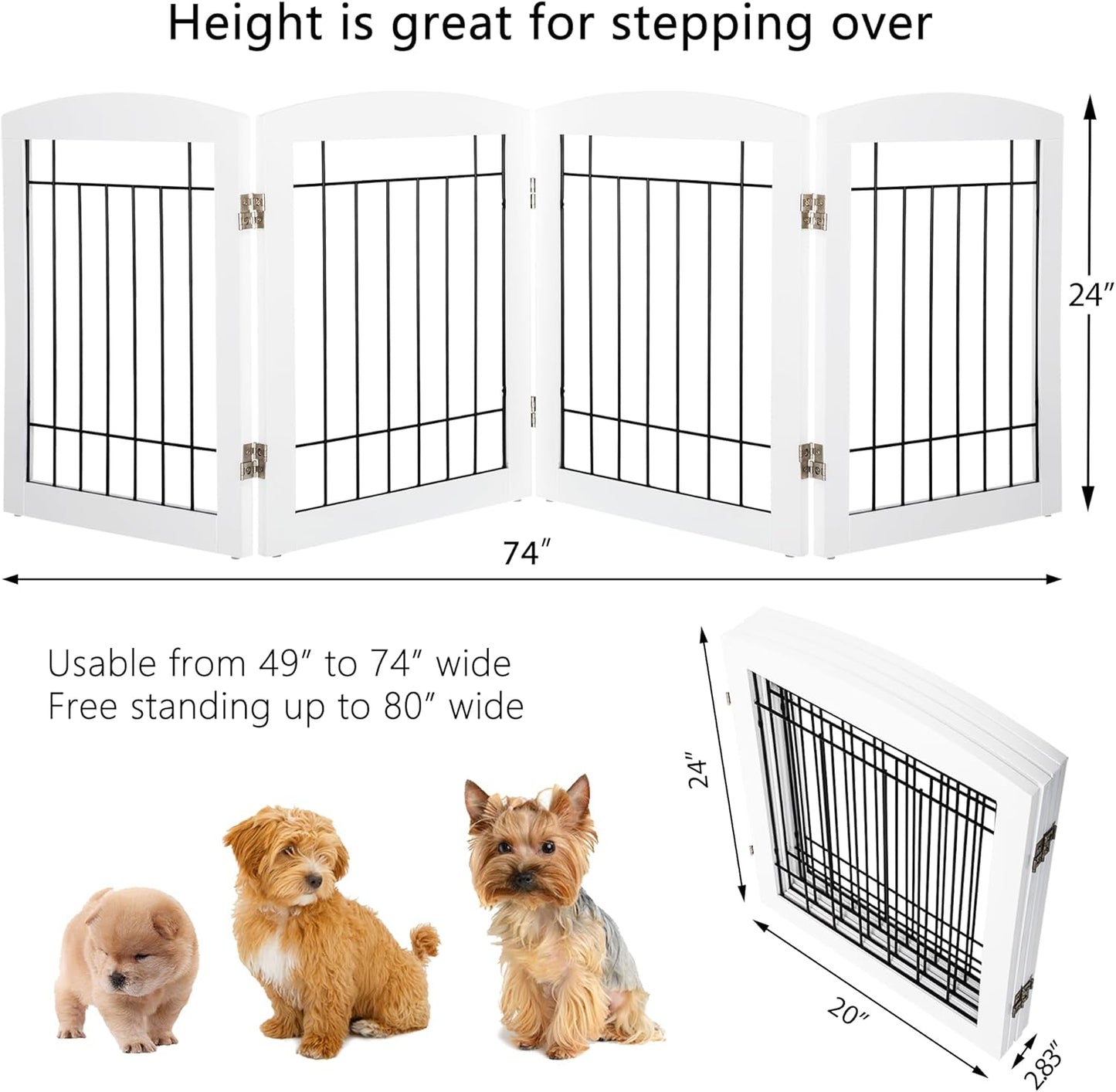 PAWLAND Free Standing Dog Gates for The House Stairs Doorways Indoor Foldable Wooden Small White Puppy Pet Gate Step Over Fence 60" W 24" H 3 Panels