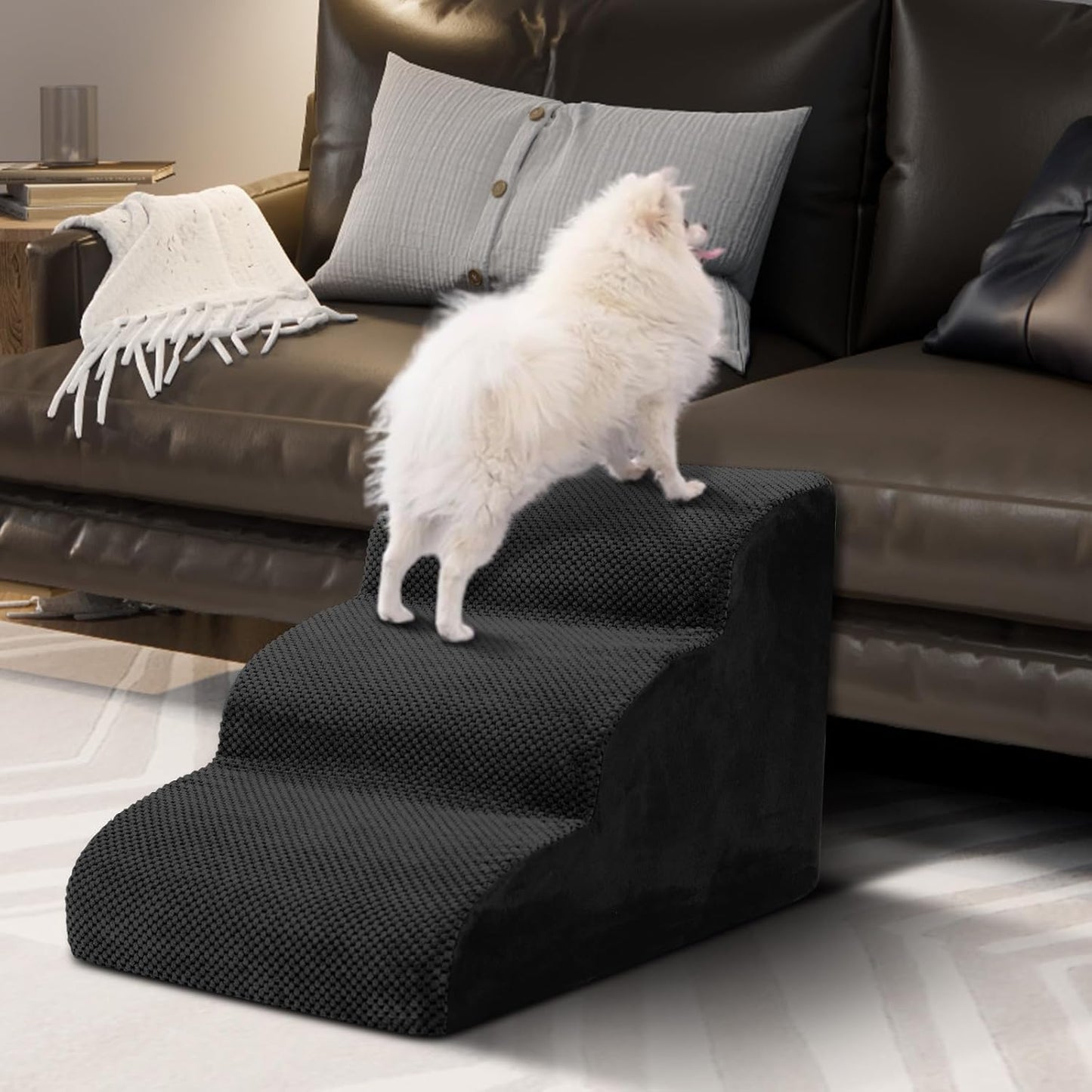 Dog Stairs for Small Dogs - High Density Foam Dog Ramp, Extra Wide Pet Steps with Non-Slip Bottom for High Beds, Couche and Sofa, Best for Pet Injured, Older Dogs Cats (Grey, 4 Steps)