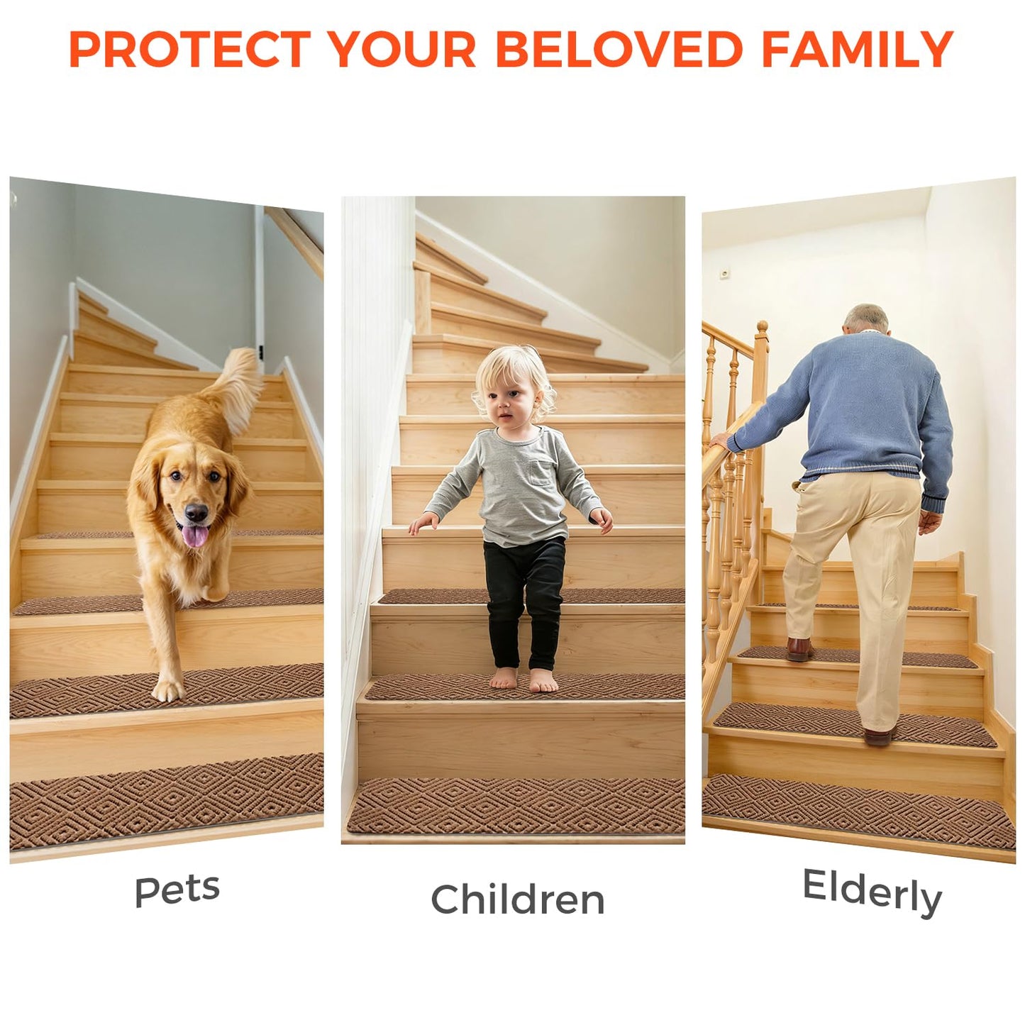 BAGAIL 15 Pack Non-Slip Stair Treads for Wooden Steps, 8"x30" Peel and Stick Carpet Stair Runners, Machine Washable Indoor Step Covers with No-Residue Adhesive for Dogs, Kids & Elderly - Dark Gray