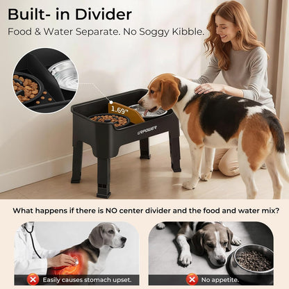 URPOWER 3-in-1 Elevated Dog Bowls - Mess Proof Double Deck 4 Height Adjustable Raised Stand with 2 Stainless Steel Food Bowls & Licking Plate for Small, Medium & Large Dogs