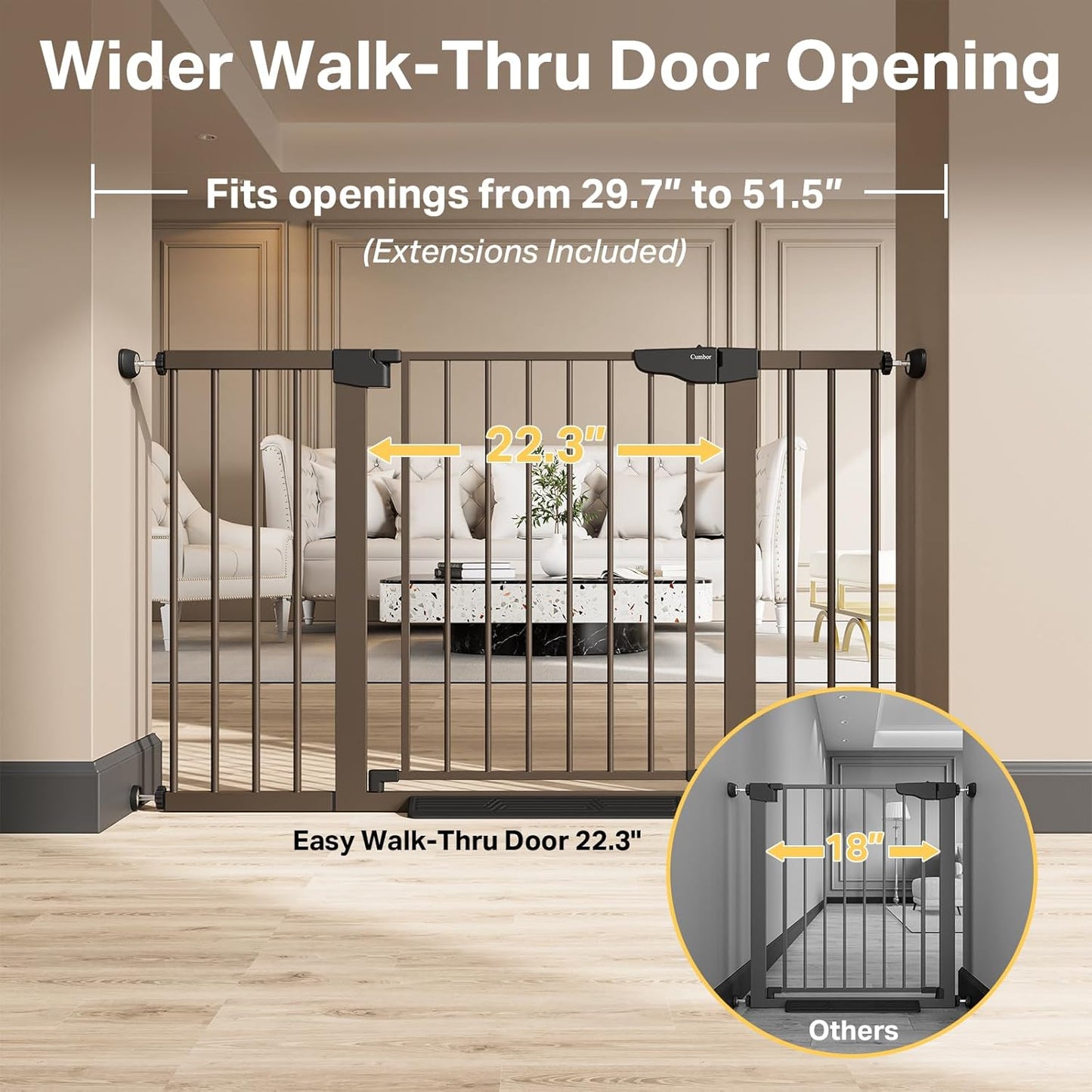 Cumbor 36.6-64" Extra Wide Baby Gate for Stairs, Dog Gates for Doorways, Auto-Close Pet Gate Indoor, Pressure Mounted Walk Through Safety Child Gate for Kids Toddler, Tall Pet Puppy Fence Gate, Brown