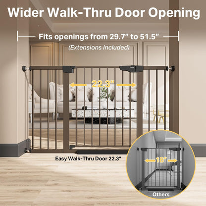 Cumbor 36.6-64" Extra Wide Baby Gate for Stairs, Dog Gates for Doorways, Auto-Close Pet Gate Indoor, Pressure Mounted Walk Through Safety Child Gate for Kids Toddler, Tall Pet Puppy Fence Gate, Brown