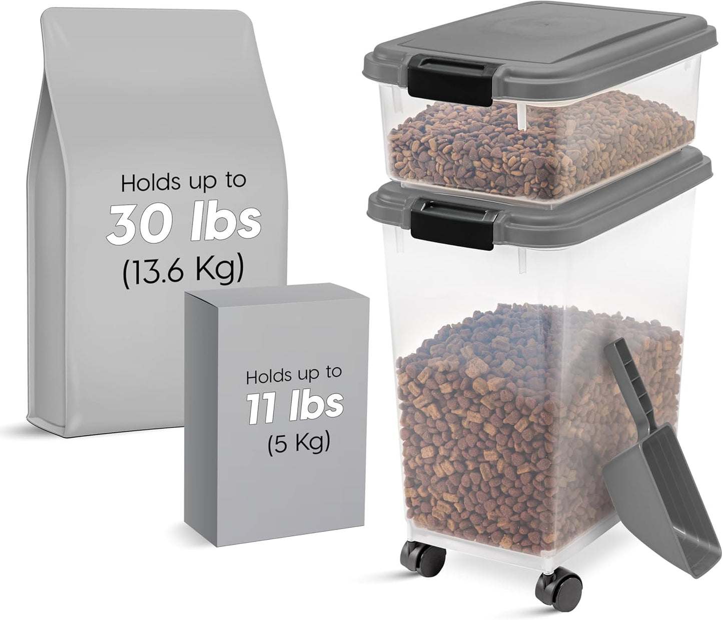 IRIS USA 30 lbs & 11 lbs Combo Airtight Dog Food Storage Container, Stackable Treat Box, 2-Cup Scoop, Wheels, Keep Fresh, Easy Mobility, Chrome