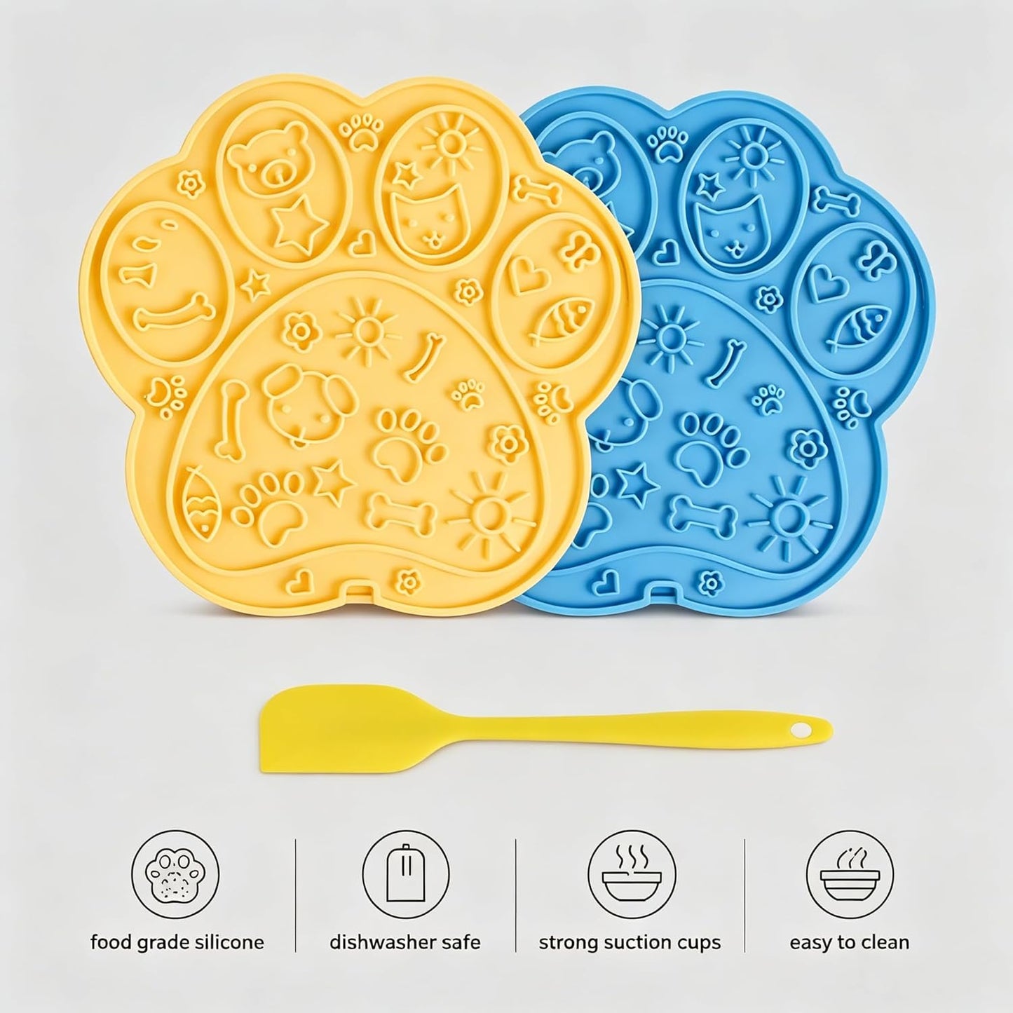 Lick Mat for Dogs, Puppies & Cats - 2 Pack Cat Paw Shaped Slow Feeder Pad, Fun Cartoon Rubber Suction Mat, Yellow & Blue, Easy Clean for Bathing Grooming & Anxiety Relief