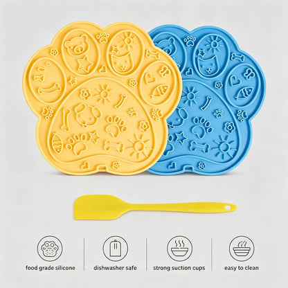 Lick Mat for Dogs, Puppies & Cats - 2 Pack Cat Paw Shaped Slow Feeder Pad, Fun Cartoon Rubber Suction Mat, Yellow & Blue, Easy Clean for Bathing Grooming & Anxiety Relief