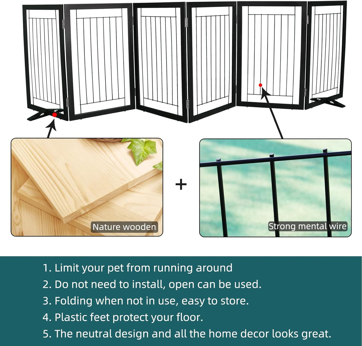 ZJSF Freestanding Dog Gate Indoor, Foldable Dog Fence for Doorways,Hallways or Stairs, Sturdy Wood Extra Wide Pet Gate with Support Feet,Black,24 "Height-3 Panels
