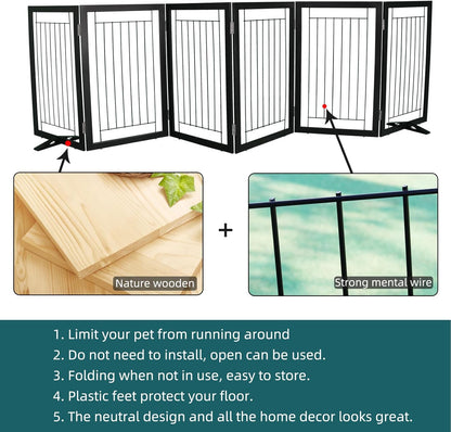 ZJSF Freestanding Dog Gate Indoor, Foldable Dog Fence for Doorways,Hallways or Stairs, Sturdy Wood Extra Wide Pet Gate with Support Feet,Black,24 "Height-3 Panels