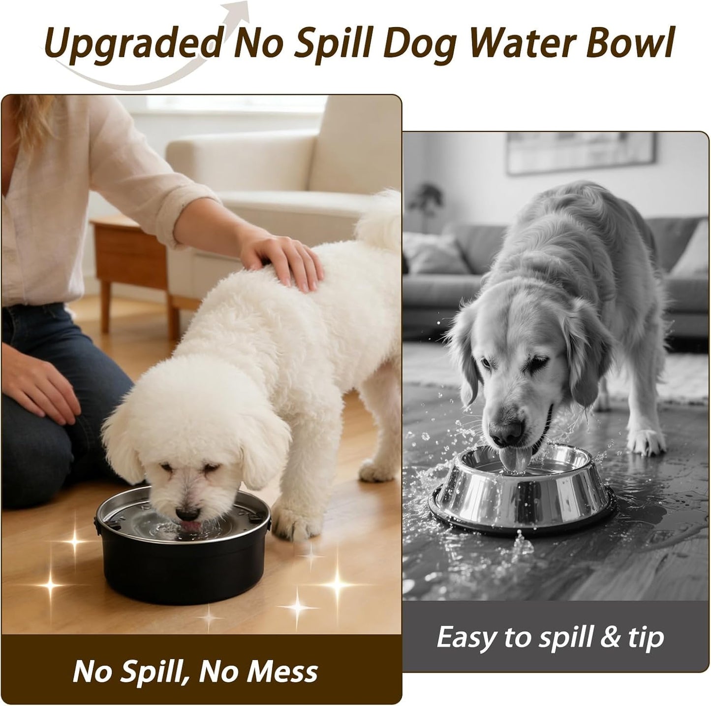 Dog Water Bowl No Spill, 1.5L/50oz Stainless Steel Slow Water Bowl for Dogs, Spill Proof Dog Bowl with Anti-Splash & Non-Slip, Slow Drinking Water Bowl Dispenser for Messy Drinkers (Black)
