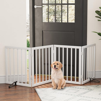 Freestanding Foldable Dog Gate - 4 Panel Room Divider with Metal Support Feet (Black)
