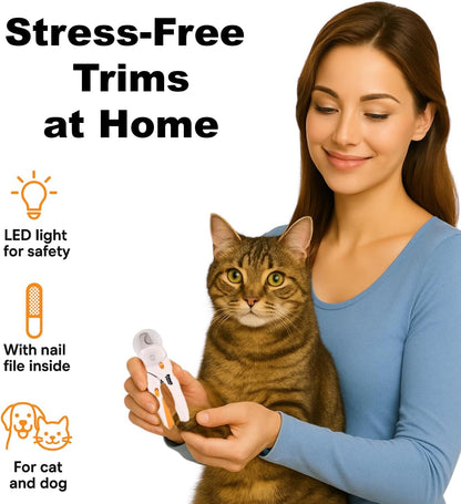 Cat Nail Clipper & Small Dog Nail Clippers with LED Light - Illuminates Nails & Bloodline for Safe, Easy Trimming - Extra Sharp, Avoid Over-Cutting - Essential Cat Supplies, White