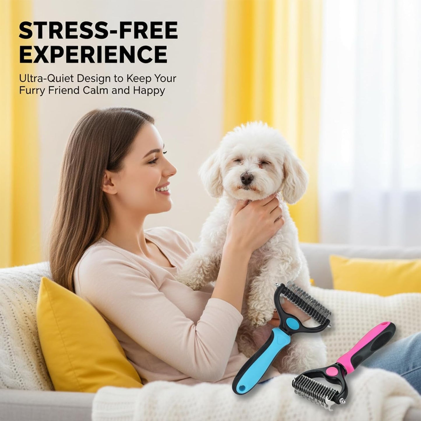 Sakerplus Pet Grooming Tool, Deshedding Dog Brush, 2-in-1 9/17 Teeth Undercoat Rake for Dogs and Cats, Stainless Steel Pet Grooming Brush for Long Hair, Thick Coats (Pink,large)