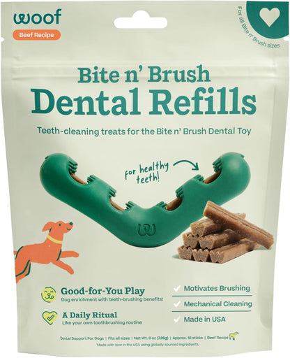 WOOF - Bite n' Brush Refills Treats for the Dog Toothbrush Toy - Scrub Plaque and Tartar from Your Dog's Teeth and Mouth - Dog Dental Sticks - 36 Refills - Beef - 2 Pack