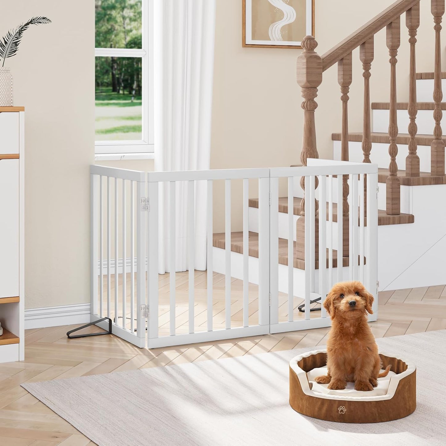 Freestanding Dog Gates Indoor, 3-Panel Pet Gates with 2 Metal Stands and 360° Hinge, 24" H Foldable Dog Gate for Stairs, Doorway, Kitchen, Expands Up to 55" Fully Assembled - Black Walnut