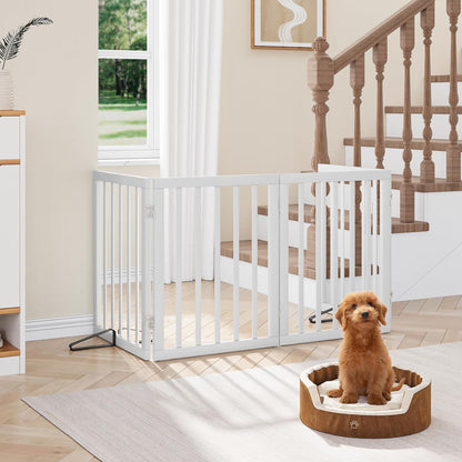 Freestanding Dog Gates Indoor, 3-Panel Pet Gates with 2 Metal Stands and 360° Hinge, 24" H Foldable Dog Gate for Stairs, Doorway, Kitchen, Expands Up to 55" Fully Assembled - Black Walnut