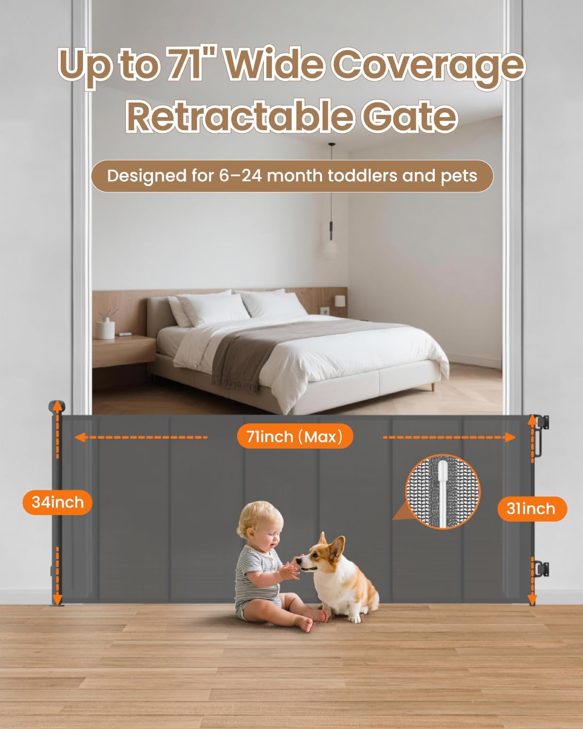 Retractable Baby Gate, 55" Wide Mesh Gate with 4 Reinforced Rods, Prevents Kids & Dogs from Crawling Under, 34" Tall Easy-to-Use Pet Gate for Stairs, Bedrooms, Hallways, Indoor/Outdoor, White