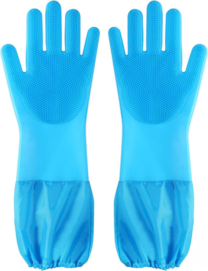 Dog Washing Gloves | Pet Grooming Gloves | Extra Long Arms (17.3") for Cats & Dogs | Massage & Hair Removal Pet Glove (Hazy Blue)