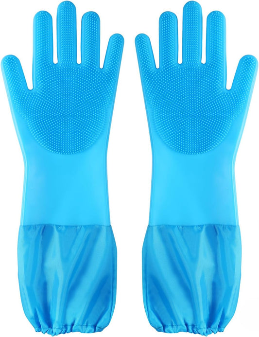 Dog Washing Gloves | Pet Grooming Gloves | Extra Long Arms (17.3") for Cats & Dogs | Massage & Hair Removal Pet Glove (Hazy Blue)