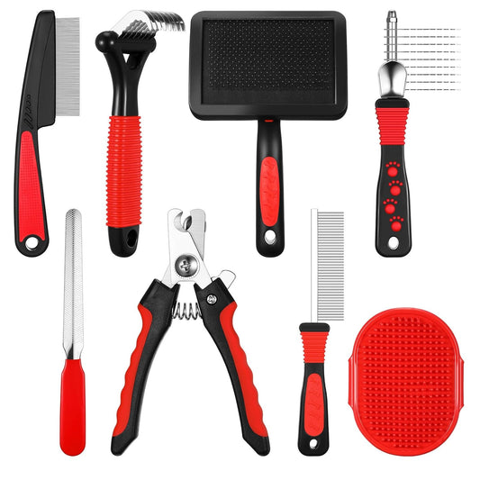 Baderke 8 Pc Pet Grooming Kit - Dematting Comb, Detangling Brush, Rake, Bath Brush, Nail Clipper & File for Dogs & Cats