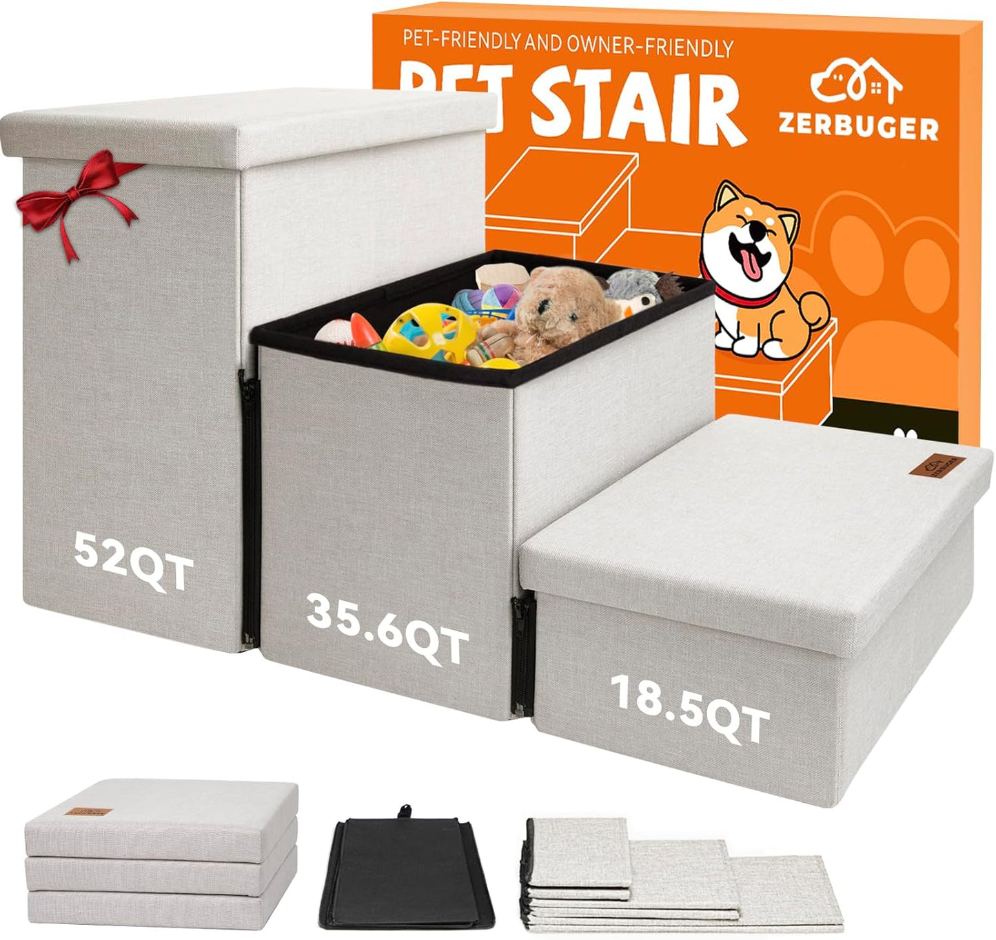 Zerbuger Wider Dog Ramp for High Bed with Storage 18" H, Foldable Dog Stairs for Small Medium Large Older Senior Animal, Sturdy Dog Step for Climbing Bed or Couch, Arthritis-Friendly (Gray, No Condo)