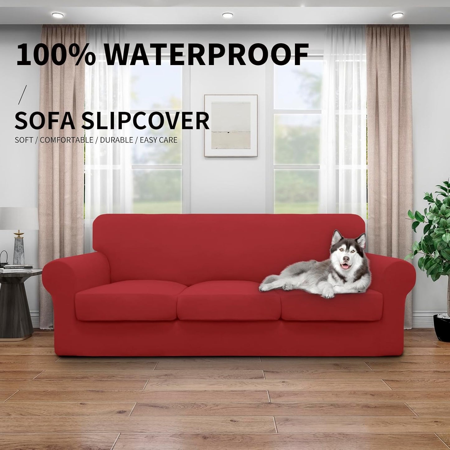 Easy-Going 100% Dual Waterproof 4 Pieces Stretch Soft Couch Cover for Dogs, Sofa Slipcover for 3 Separate Cushion Couch Leakproof Furniture Protector for Kids, Pets Dark Gray