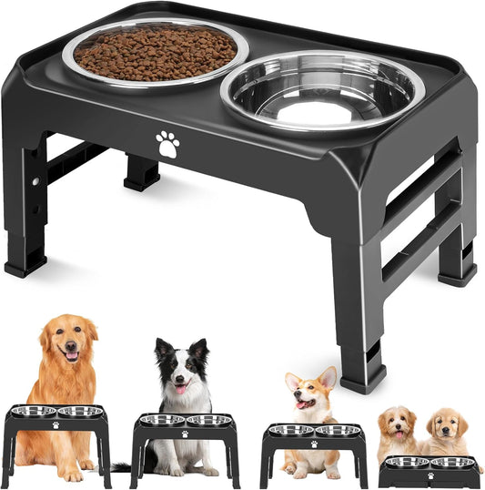 Elevated Raised Dog Bowl Stand with 2 Stainless Steel Bowls, Adjustable Height for Medium Large Dogs, 12.36" - 3.7" Foldable Feeder, Grey