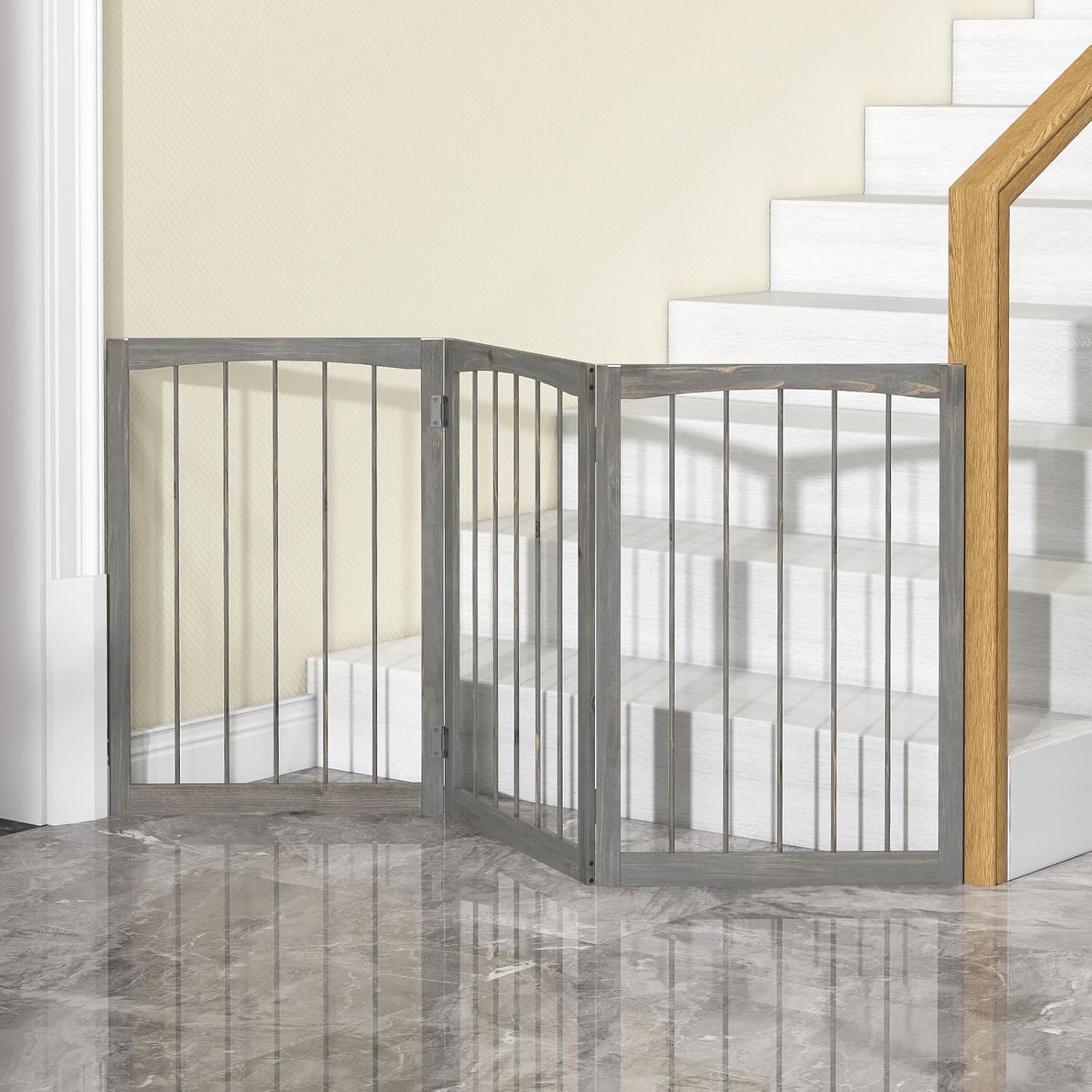 PETSITE 3-Panel Foldable Dog Gate Indoor, 30 Inch Height Wooden Freestanding Pet Fence for Stairs, Hallways, and Doorways, Ideal for Small Sized Pets (Grey)