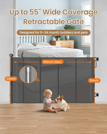Retractable Baby Gate, 55" Wide Mesh Gate with 4 Reinforced Rods, Prevents Kids & Dogs from Crawling Under, 34" Tall Easy-to-Use Pet Gate for Stairs, Bedrooms, Hallways, Indoor/Outdoor, White