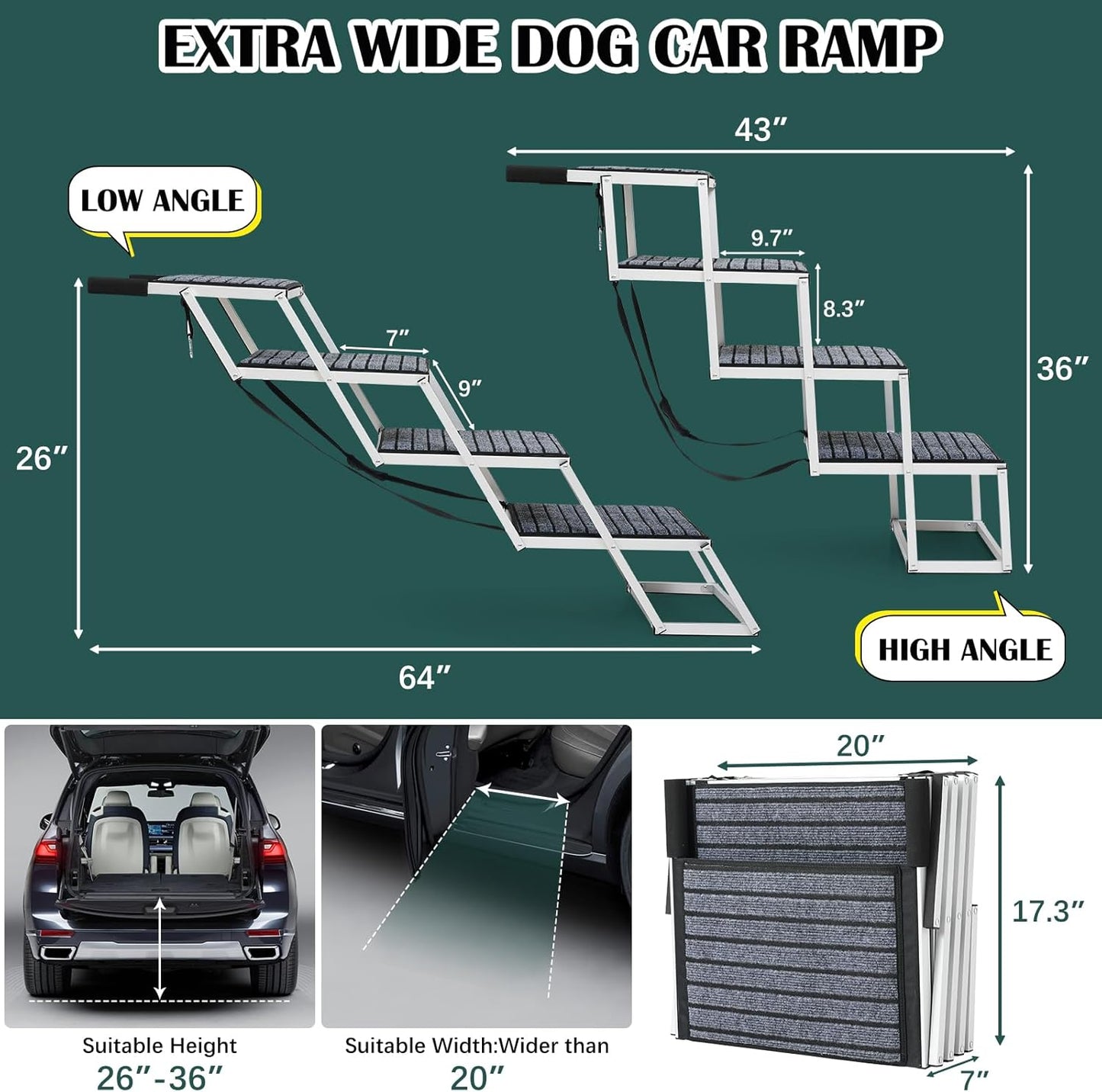 Dog Stairs for Large Dogs,Dog Stairs for Cars,Foldable Dog Ramp Pet Steps Light Weight Aluminum,Extra Wide Dog Stair for Large Dogs,High Beds, Trucks, Supports up to 200 lbs (Extra Wide-4 Steps)