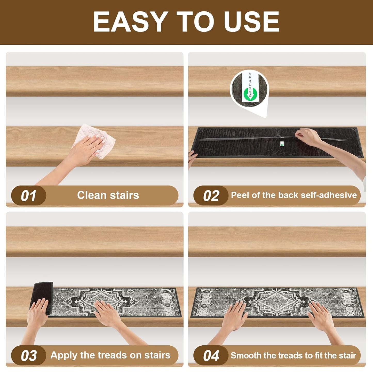 Non Slip Stair Treads for Wooden Steps Indoor, Dark Grey, 15pcs, 30"X8", Soft Carpet Mat, Machine Washable Boho Carpet Treads with Reusable Adhesive Backing, Safety Stair Tread for Dogs, Kids, Elders