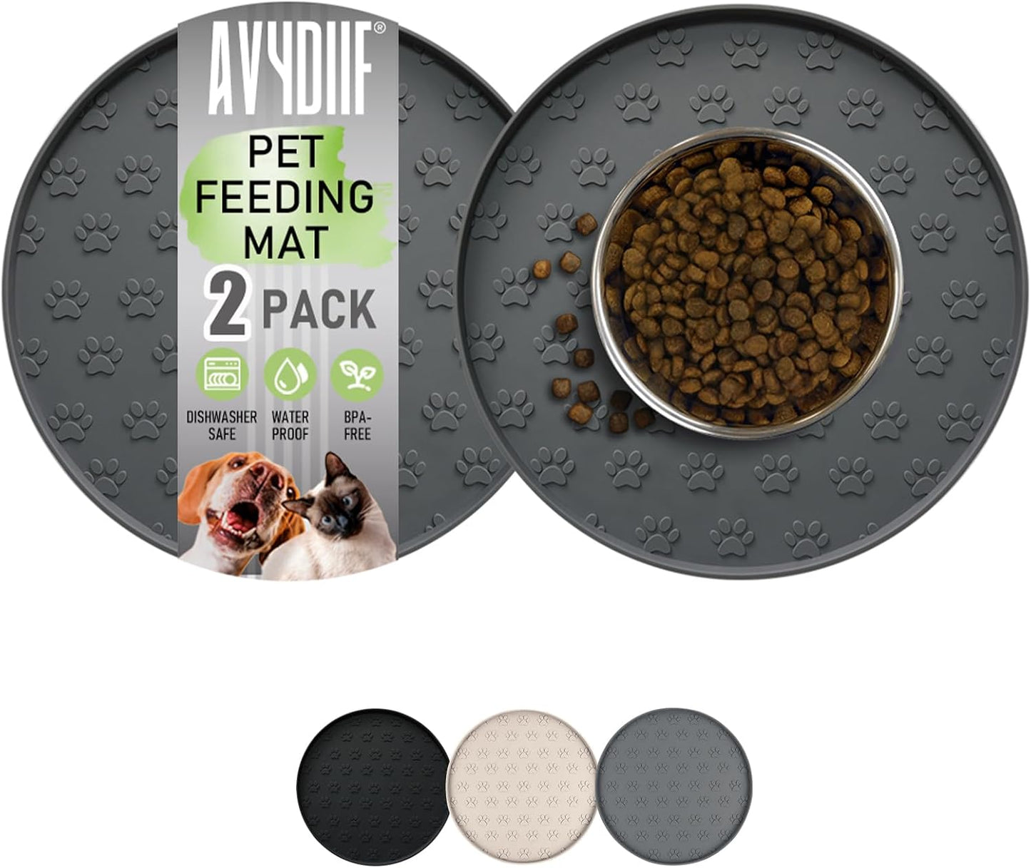 Pet Feeding Mats for Food and Water, Waterproof Anti-Slip Placemats for Dog Cat Bowl, 1 Pack Silicone Pet Food Mat, Dishwasher Safe 10.9 × 10.9 (1 Pack, Black)
