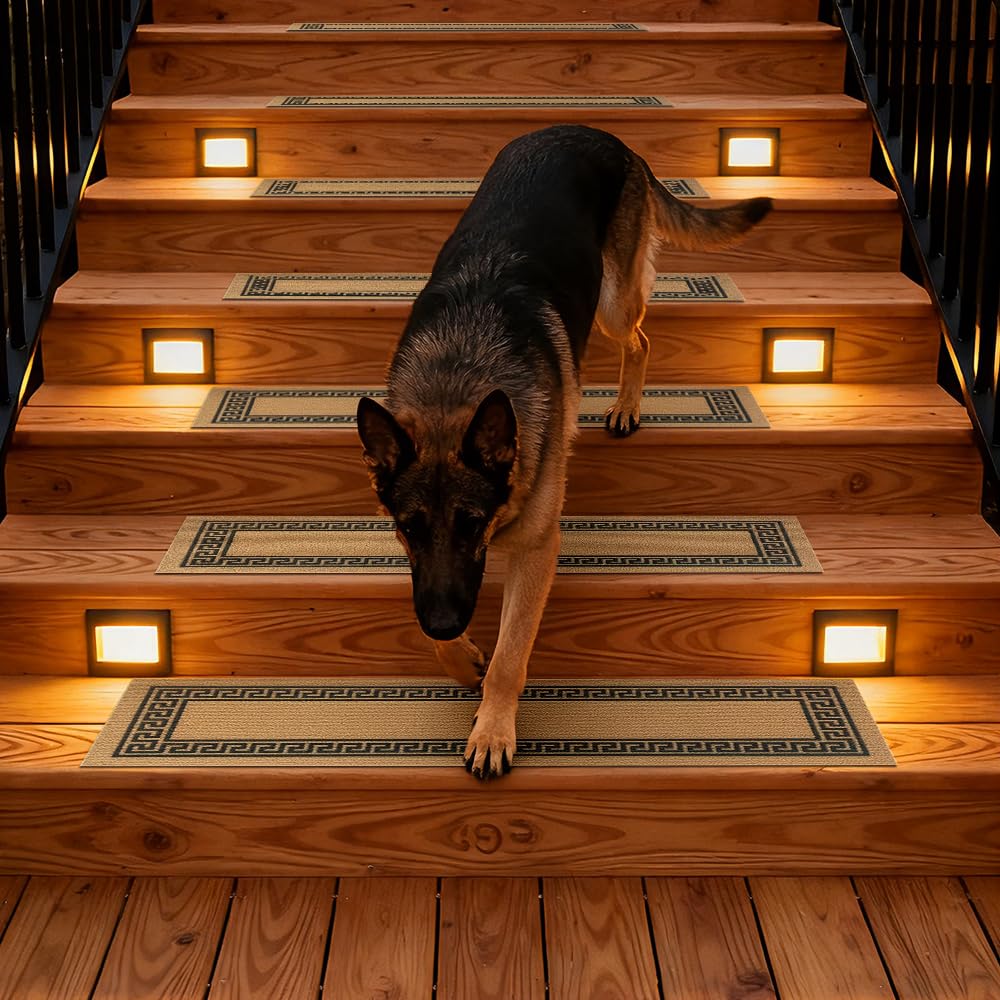 Outdoor Stair Treads for Wooden Steps, Non-Slip Rubber Brown Stair Runner Rugs, 6 Pcs 8.5" x 30" Heavy Duty Stair Mats for Outside Steps, Weatherproof Grip for Elders, Dogs & Kids, Black Border.