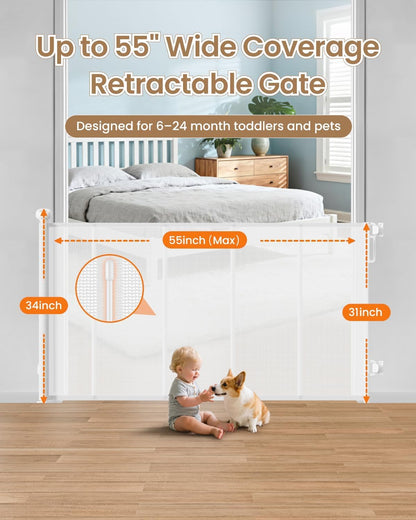 55" Retractable Baby Gates, 34" Tall Mesh Baby Gate with 4 Reinforced Rods, Prevents Kids & Dogs from Crawling Under, Retractable Dog Gate for Doorways, Hallways, Indoor/Outdoor, Black