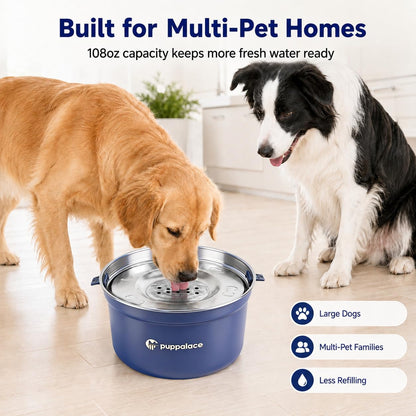 No Spill Dog Water Bowl, 3.2L/108oz Stainless Steel Slow Water Feeder with Floating Disk, Splash Proof Non-Slip Bowl for Messy Drinkers, Large Dogs and Cats, Blue