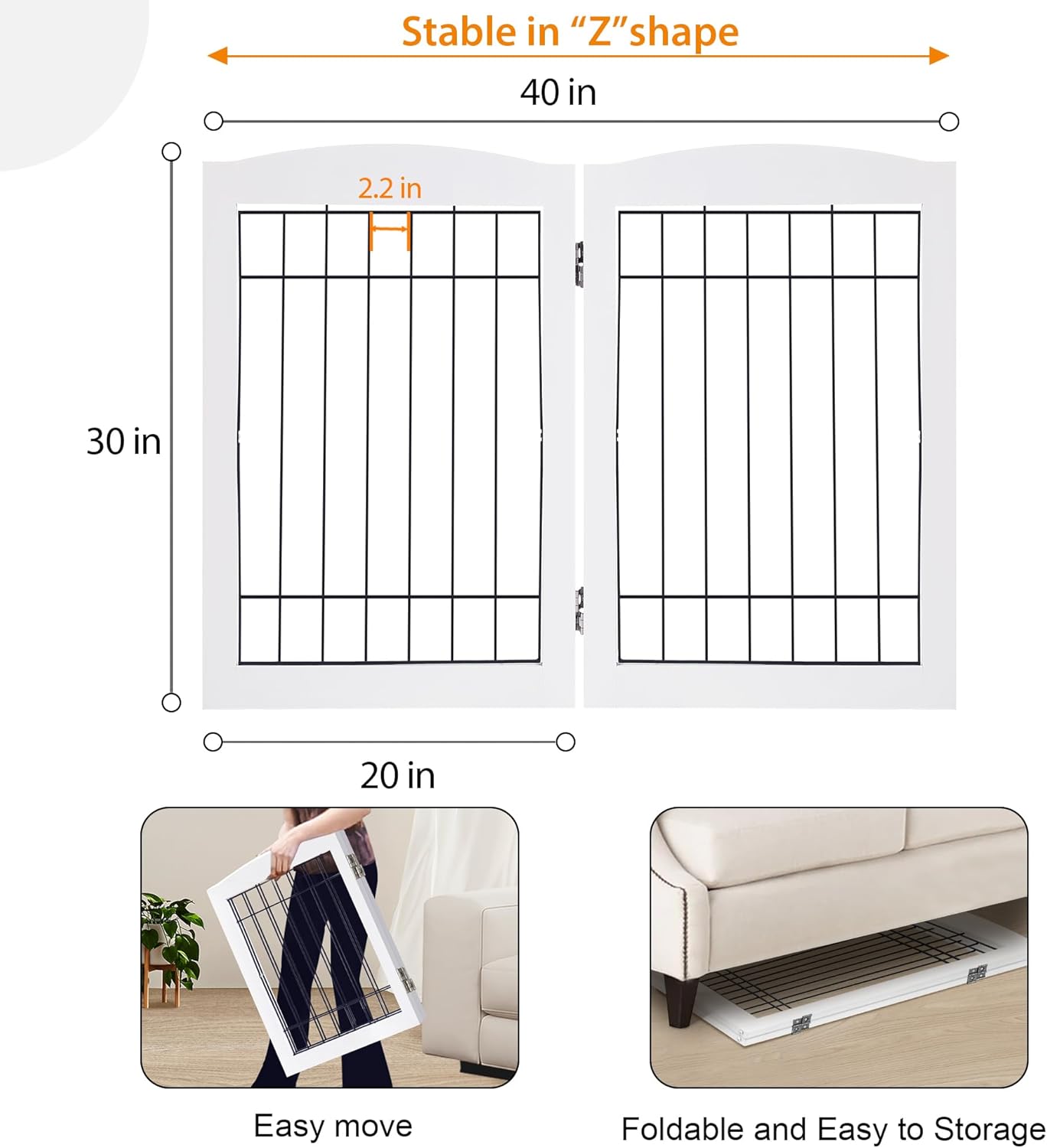 LZRS 2-Panel Freestanding Foldable Wood Dog Gate – Solid Wood & Steel Wire, Chew-Resistant Pet Barrier for Indoor Use, Ideal for Small to Medium Dogs, White