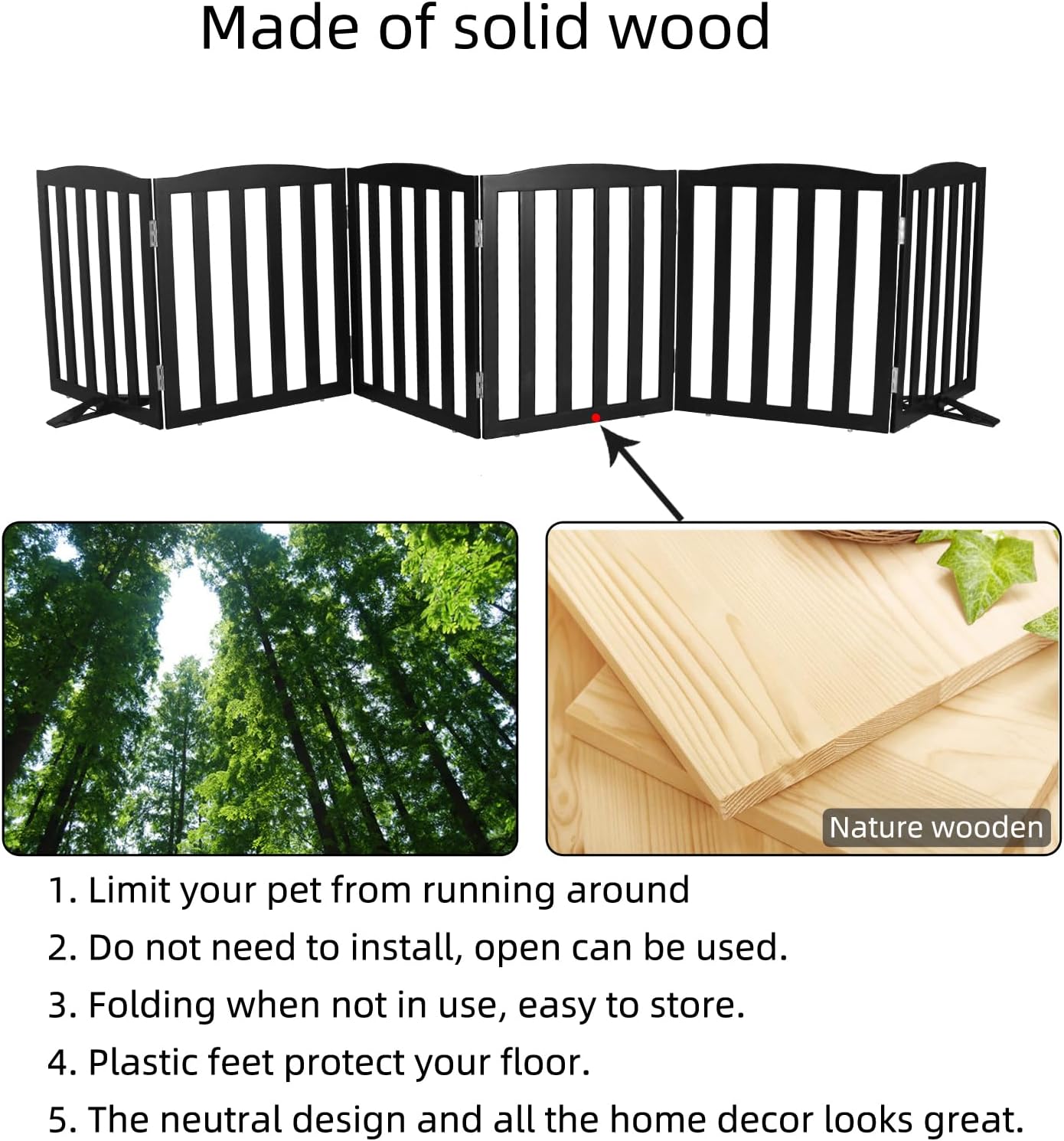 Freestanding Dog Gate Indoor,Doggie Gate Foldable Pet Gates for Doorways,Stairs or Hallways, Wooden Brown Pet Gate for the House, Pet Fence with Support Feet Included,24 "Height-3 Panels