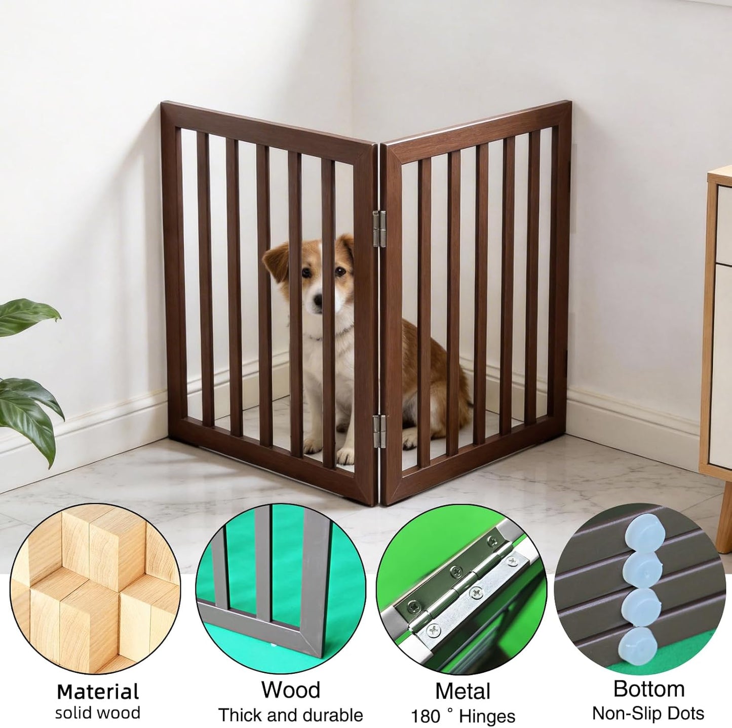 Dog Gate Indoor, Freestanding Dog Fence for The House, Doorways, Hallways,or Stairs,Pet Gate Foldable Wooden,Expandable 24" Height 3 Panels,White