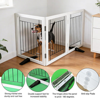 ZJSF Freestanding Dog Gate Indoor, Foldable Dog Fence for Doorways,Hallways or Stairs, Sturdy Wood Extra Wide Pet Gate with Support Feet,Black,24 "Height-3 Panels