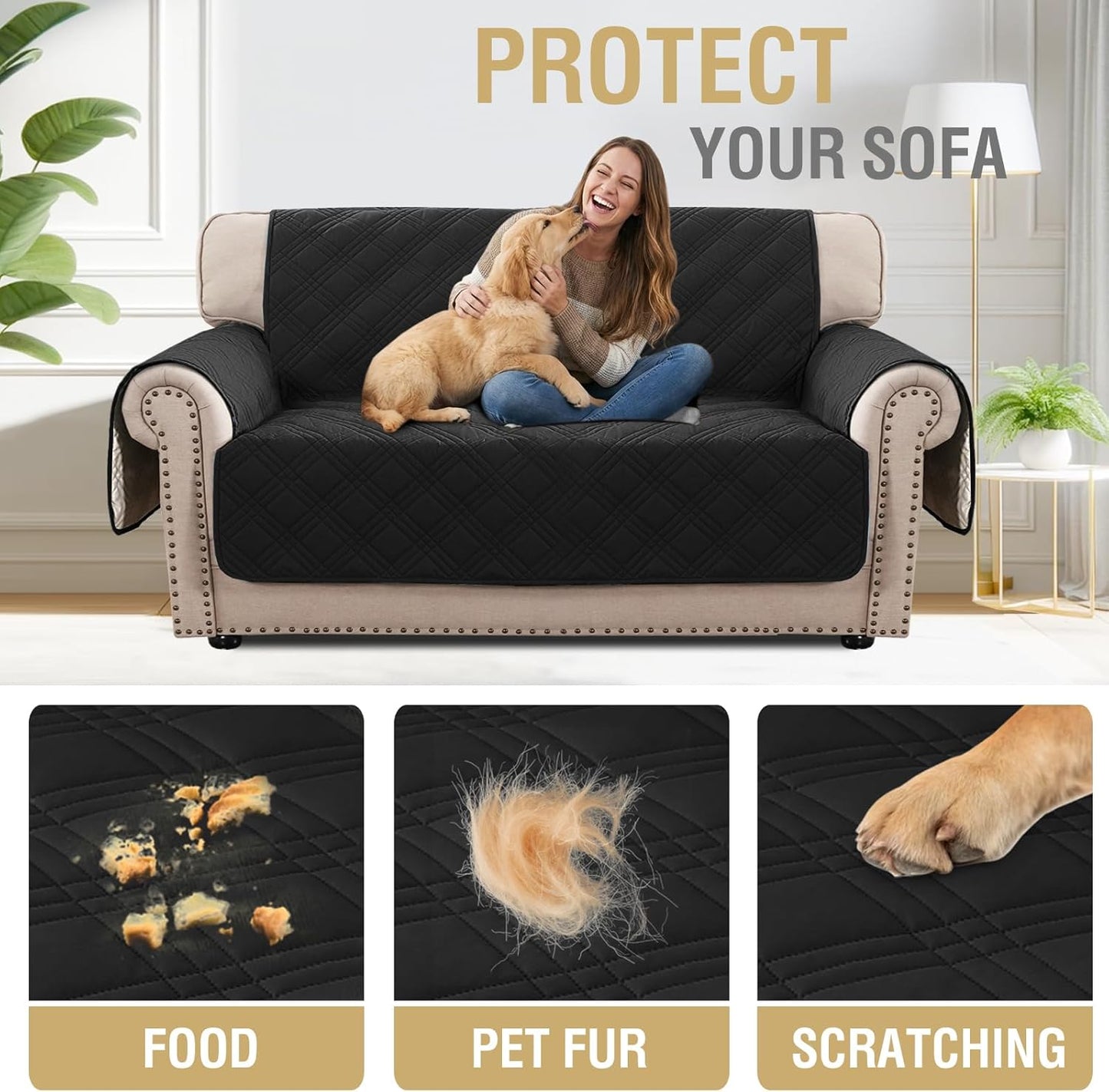 H.VERSAILTEX 100% Waterproof Slipcovers for Couches and Sofas Modern Pet Couch Cover Thick Soft Furniture Protector with Elastic Straps(Sofa, Lily Pad/Beige)
