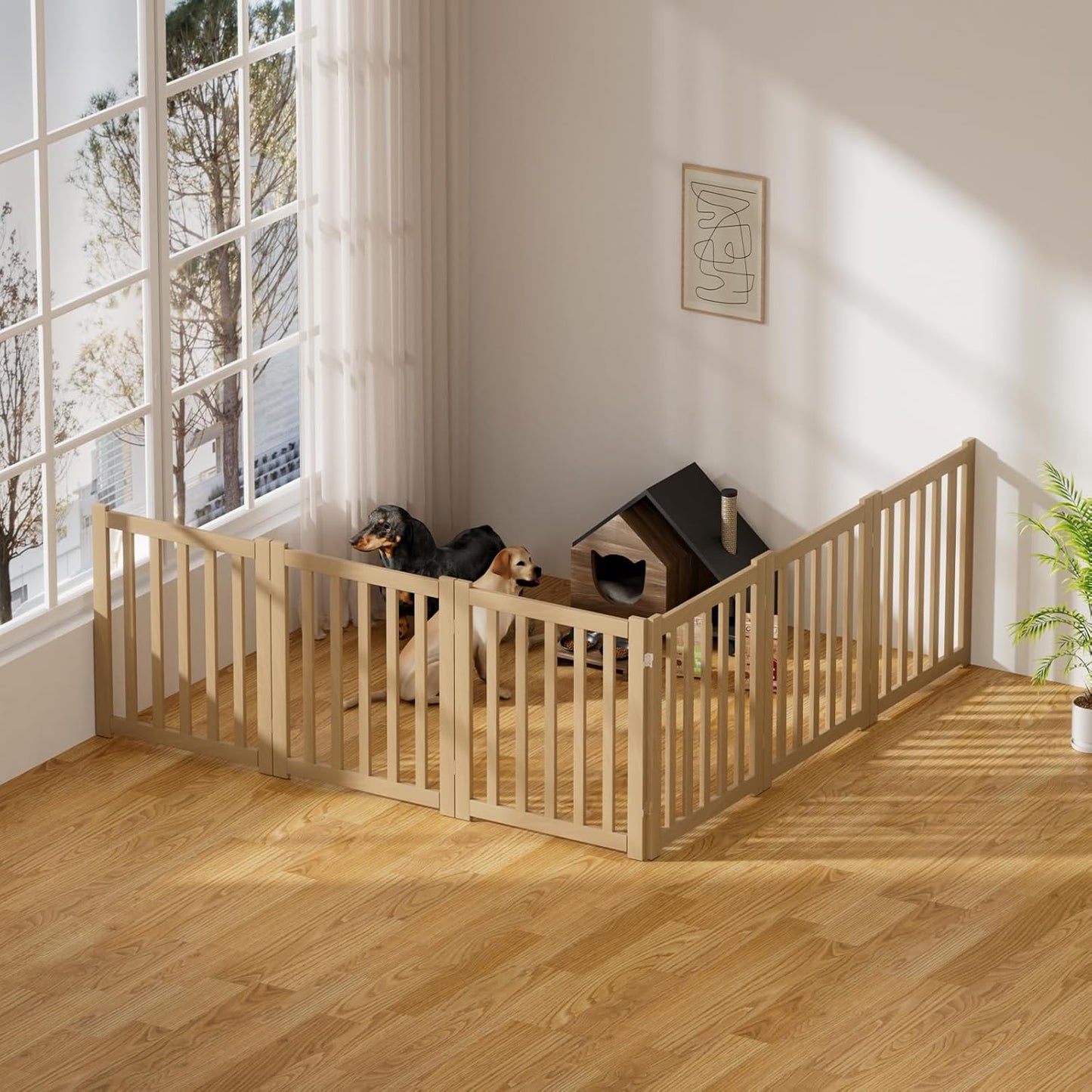 2-Panel Solid Wood Dog Gate - Freestanding Folding Pet Gate for Doorways, Stairs, Indoor, 24" Height, No Installation Needed, Natural Wood