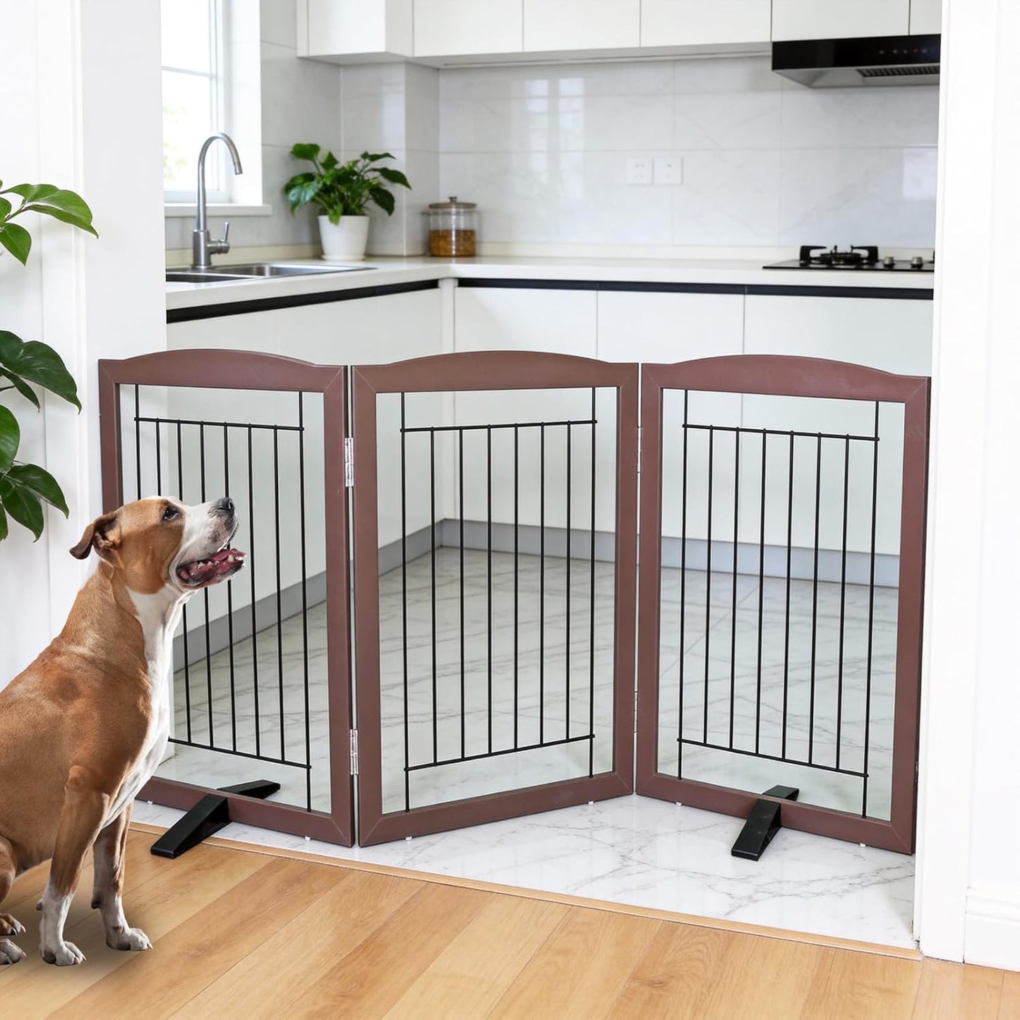 ZJSF Freestanding Dog Fence Indoor, Foldable Dog Gate for Doorways, Stairs or Hallways, Sturdy Wood Extra Wide Pet Gate with Support Feet for The House, White, 24 "Height-3 Panels