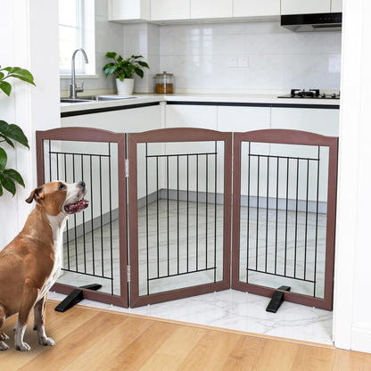ZJSF Freestanding Dog Fence Indoor, Foldable Dog Gate for Doorways, Stairs or Hallways, Sturdy Wood Extra Wide Pet Gate with Support Feet for The House, White, 24 "Height-3 Panels