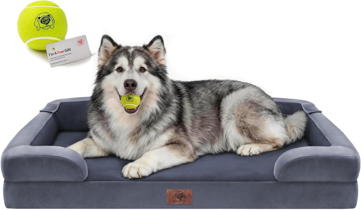 Extra Large Dog Bed, Orthopedic XL Washable Memory Foam Bed for Big Dogs Waterproof Pet Couch Sofa Bolster with Removable Cover, Non-Slip Bottom, Tennis Ball Toy, 42x30