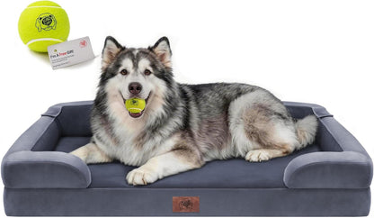 Extra Large Dog Bed, Orthopedic XL Washable Memory Foam Bed for Big Dogs Waterproof Pet Couch Sofa Bolster with Removable Cover, Non-Slip Bottom, Tennis Ball Toy, 42x30