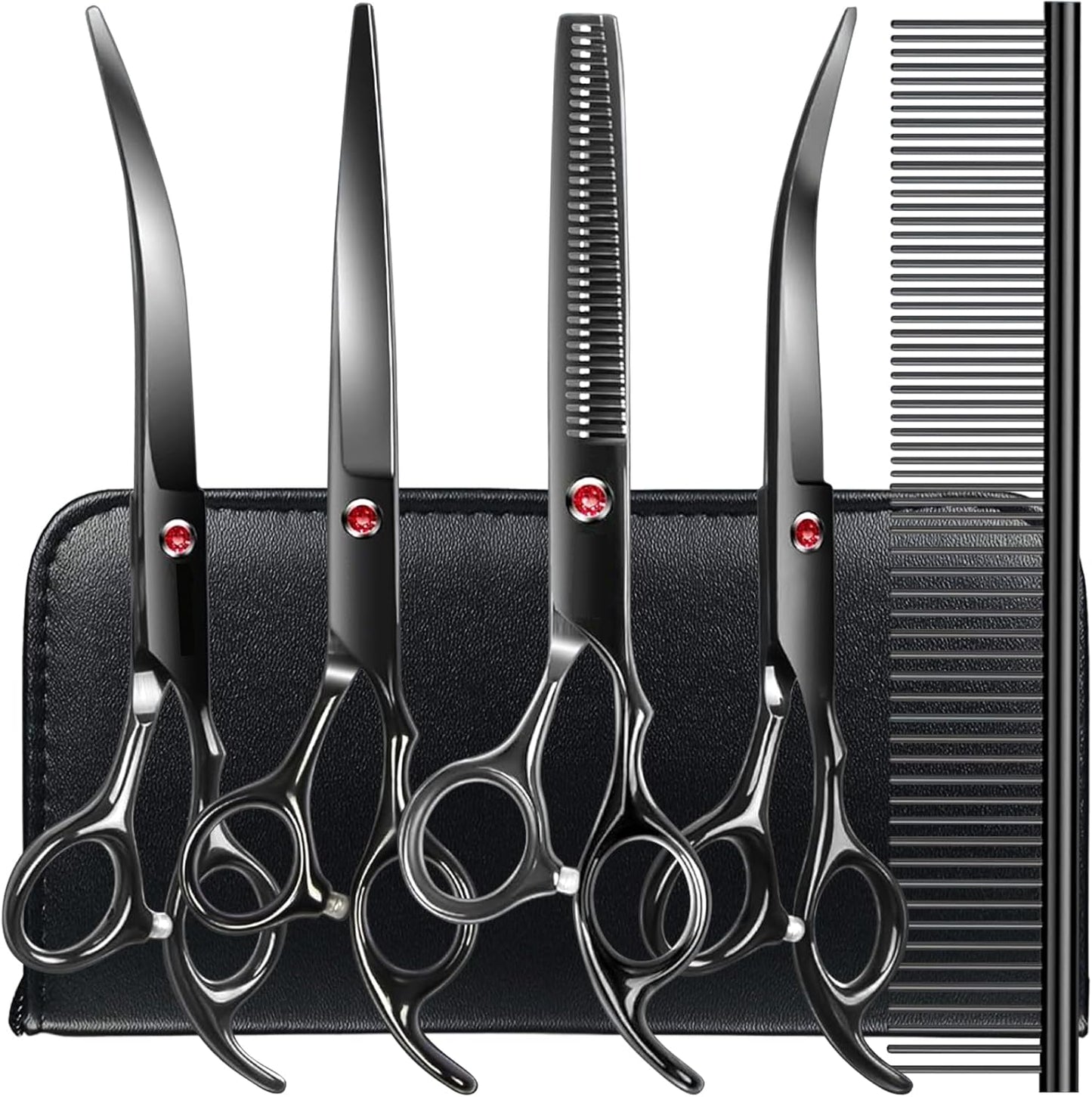 TINMARDA Dog Grooming Kit, Professional Stainless Steel Dog Grooming Scissors with Curved Shears, Pink Finger Rings - 4 Piece Sharp Durable Pet Shears for Dogs Cats At Home Salon-Quality Grooming