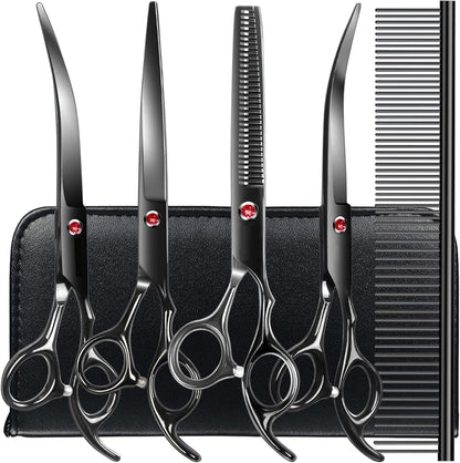TINMARDA Dog Grooming Kit, Professional Stainless Steel Dog Grooming Scissors with Curved Shears, Pink Finger Rings - 4 Piece Sharp Durable Pet Shears for Dogs Cats At Home Salon-Quality Grooming
