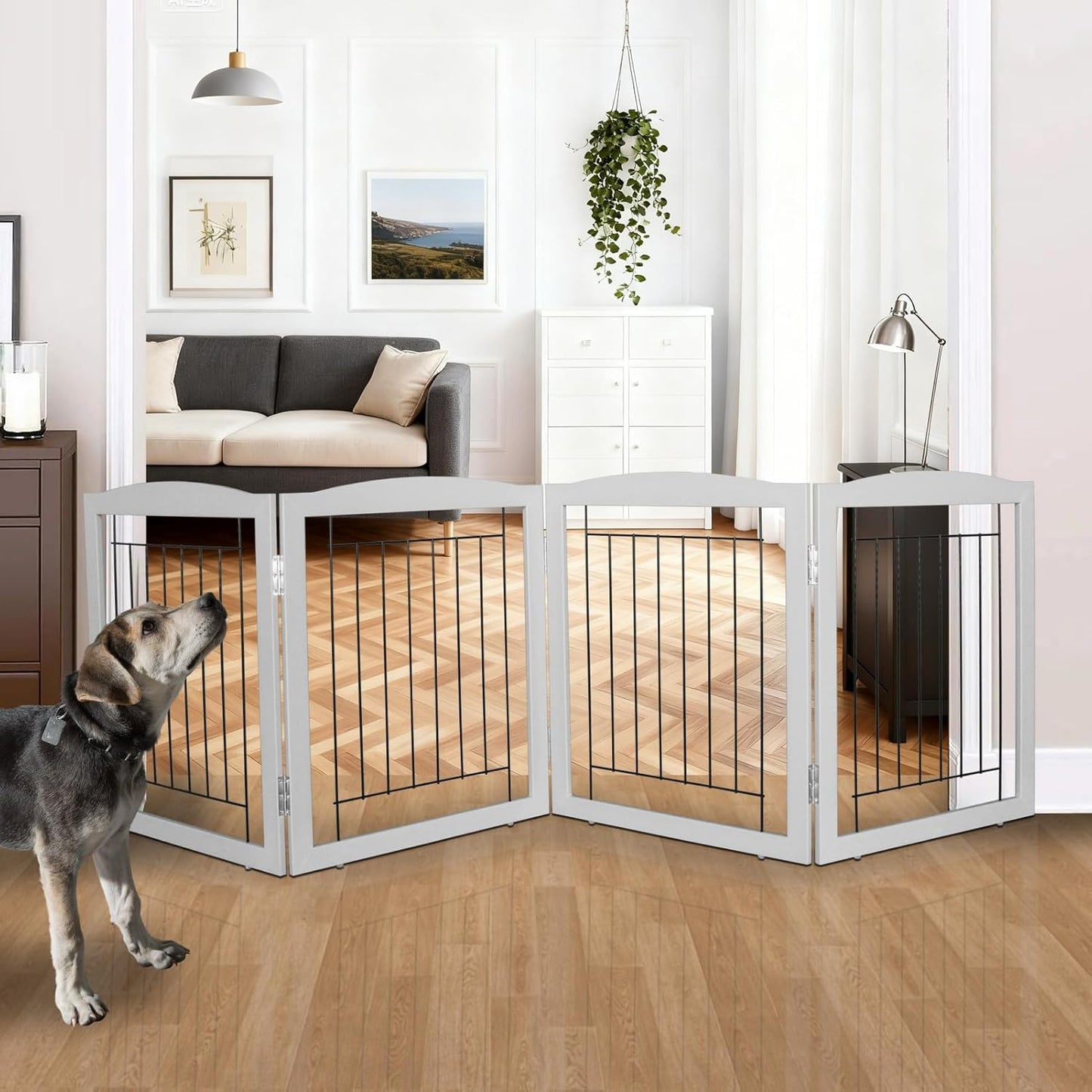ZJSF Freestanding Foldable Dog Gate for House Extra Wide Wooden White Indoor Puppy Gate Stairs Doorways Pet Gate Tall Dog Fence 3 Panels Fence