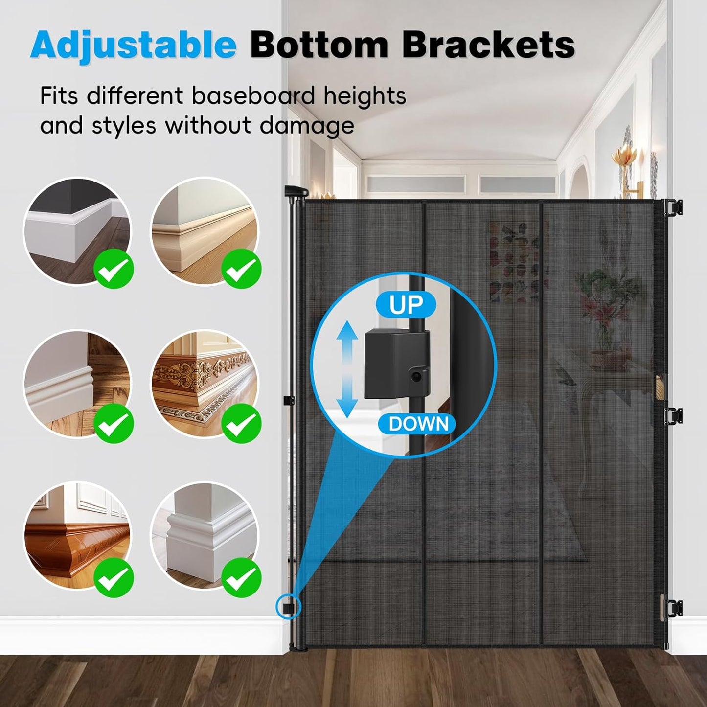 Reinforced 72" Extra Tall Pet Gate for Cat, Dog, Puppy & Baby, Jump-Resistant & Prevent Crawling Underneath Retractable Baby Gates, Fits 0-55" Width Safety Mesh Dog Gate, 6 Foot Extra Tall Cat Gate
