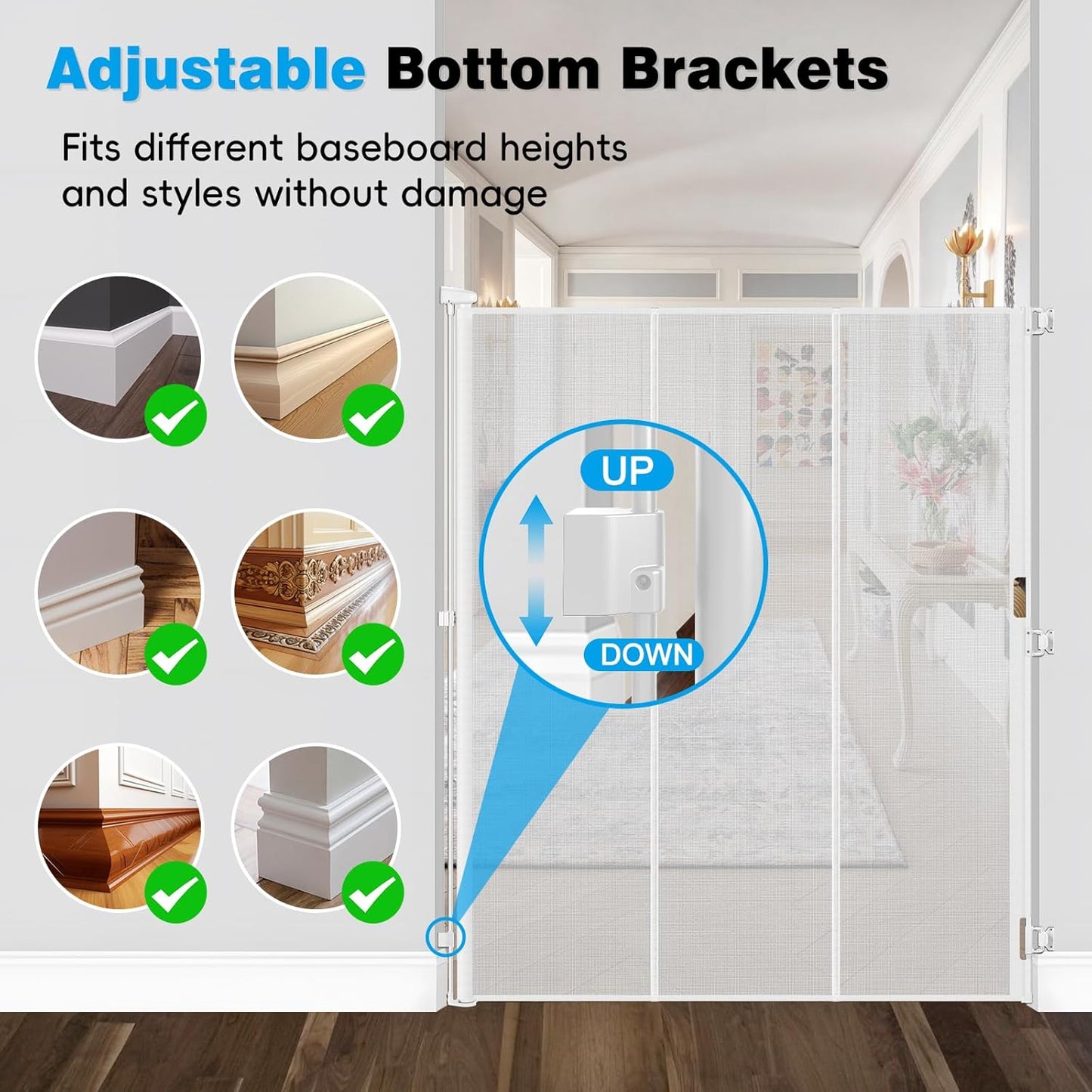 Reinforced 72" Extra Tall Pet Gate for Cat, Dog, Puppy & Baby, Jump-Resistant & Prevent Crawling Underneath Retractable Baby Gates, Fits 0-55" Width Safety Mesh Dog Gate, 6 Foot Extra Tall Cat Gate